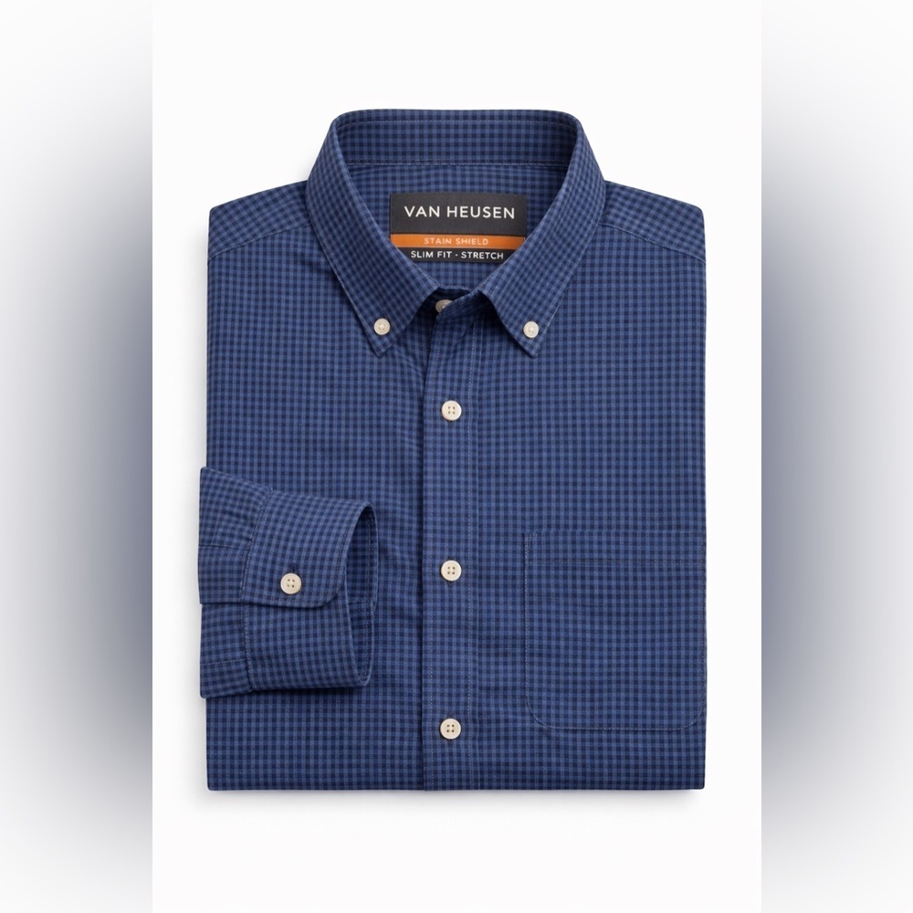 Van Heusen Slim Fit Stretch Blue Check Dress Shirt Men’s 15-15.5 M